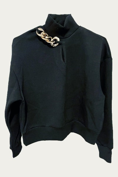 Black Scuba Long Sleeve Top with Chain Detail