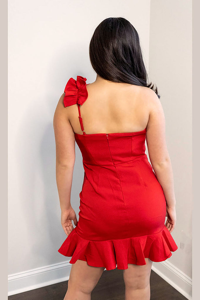 Red one-shoulder cocktail dress ruffle neckline, back view