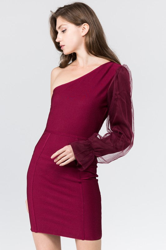 One Shoulder Burgundy Bandage Mini Dress with Sheer Sleeve