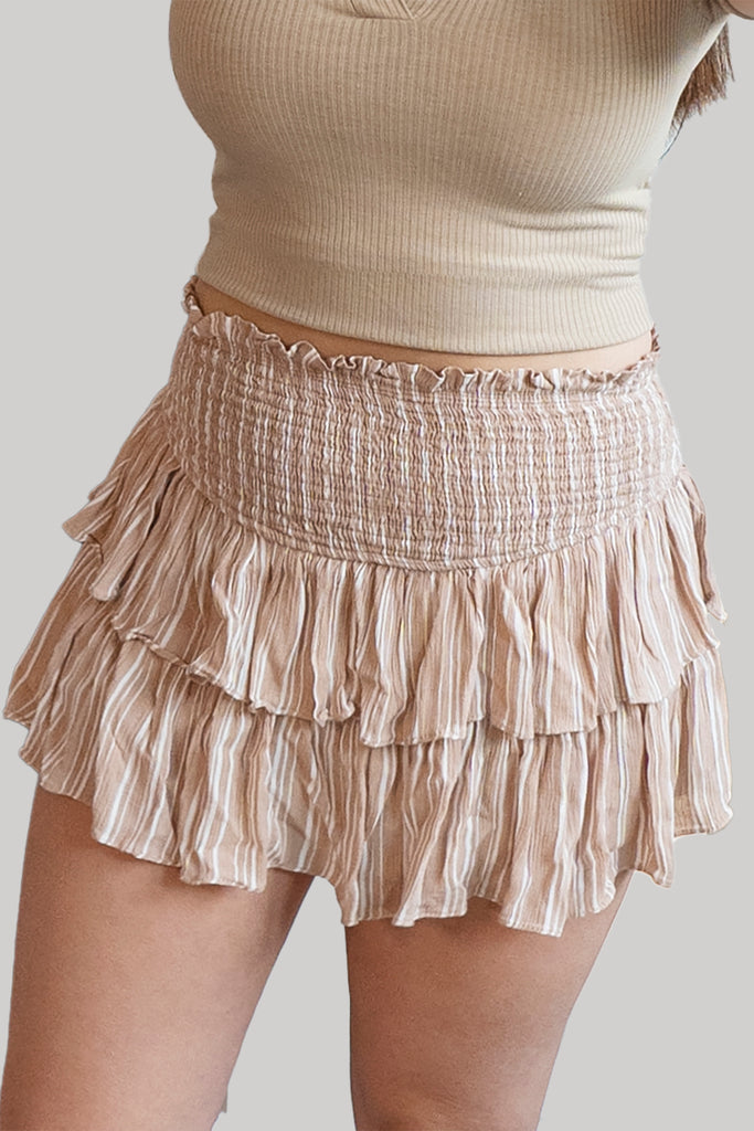 Tan stripe ruffle skirt with shorts underneath
