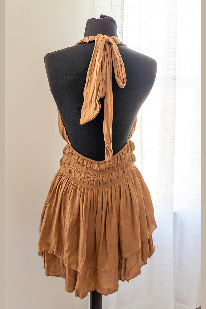 Tan halter romper with two-tier skirt
